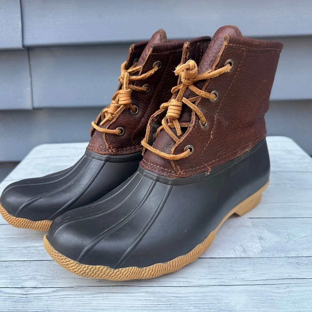 Sperry Women's Saltwater Duck Boots Brown Leather Black Waterproof Size 7